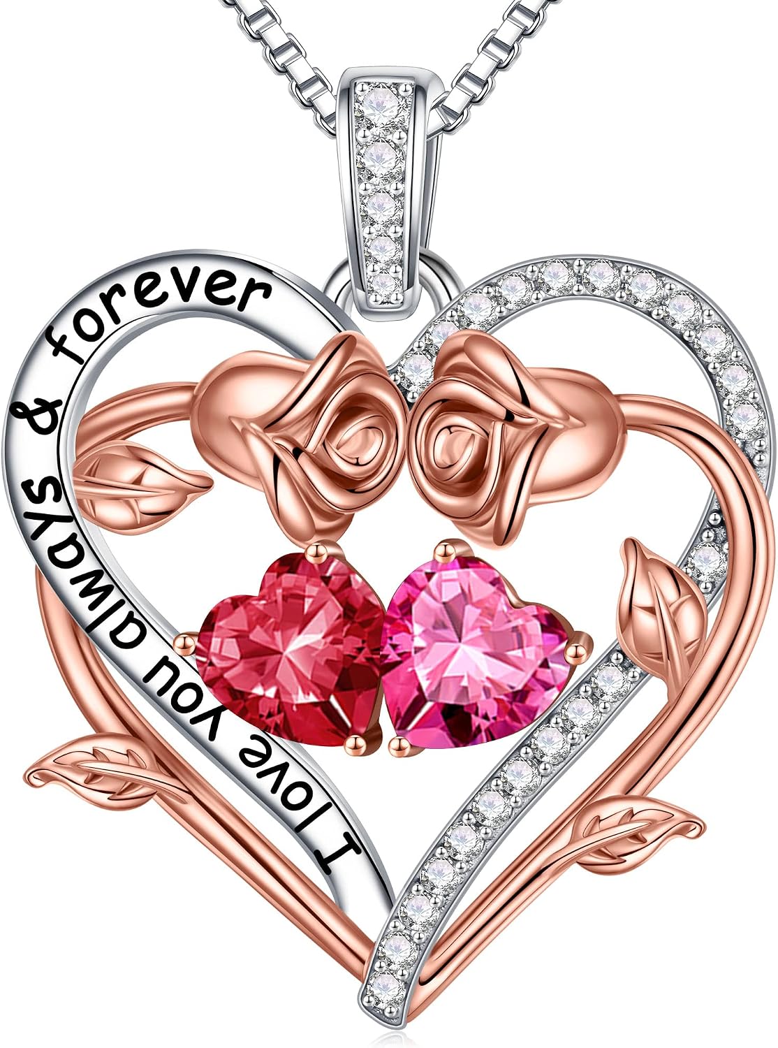Iefil Rose Heart Double Birthstone Necklace Gifts for Wife Girlfriend Her Women, Birthstone Jewelry Gemstone Birthday Gifts for Mom Grandma Her Wife Women