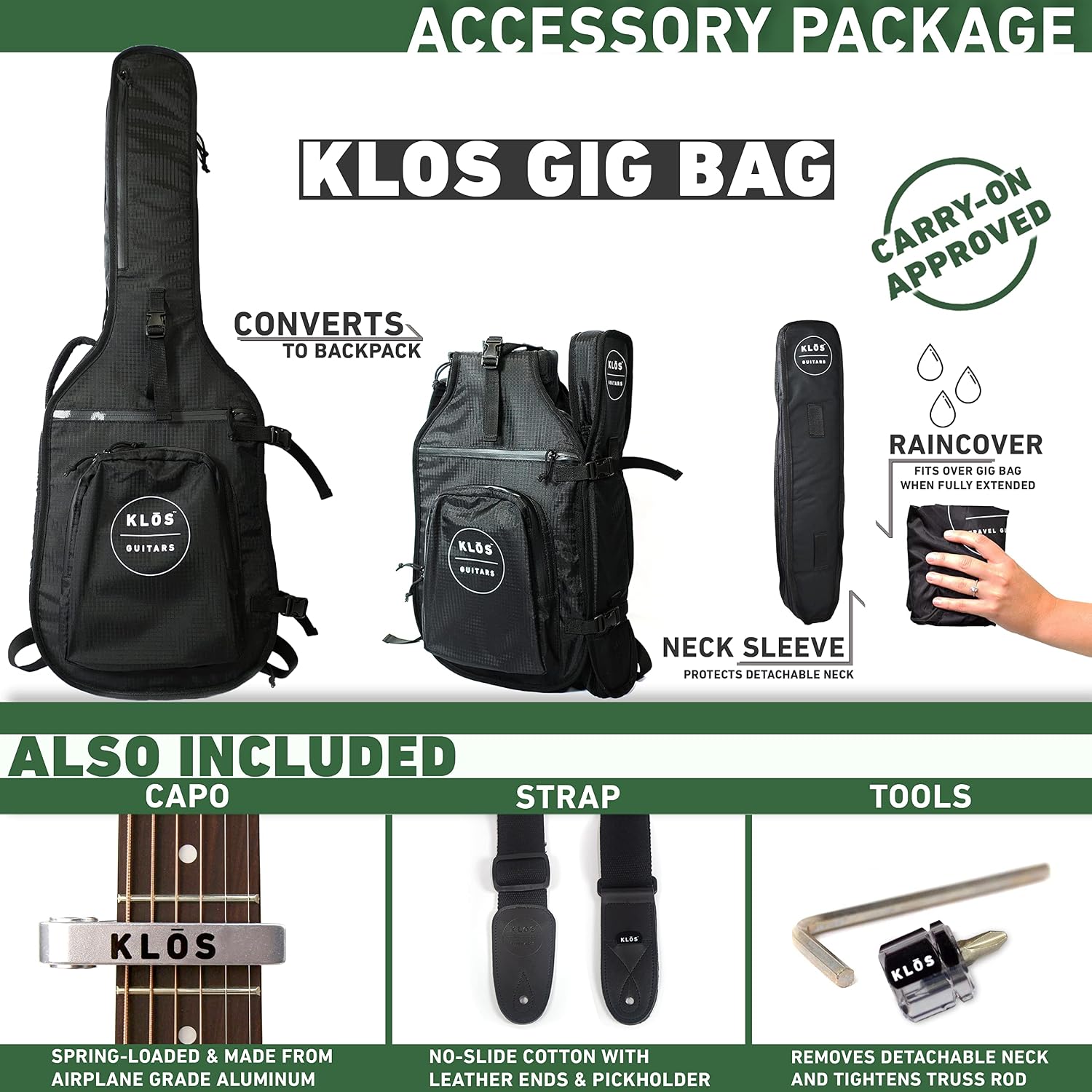 KLOS Full Size Deluxe Guitar, Durable Carbon Fiber Acoustic Electric Guitar - Black with Gig Bag, Strap, Capo, and more