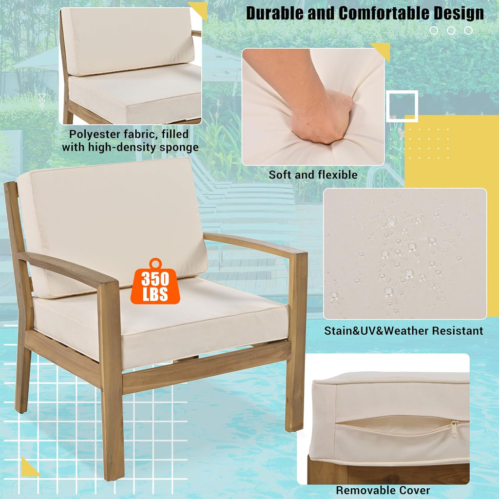 6-Piece Outdoor Patio Conversation Furniture Set, Acacia Wood Sectional Sofa Set with Coffee Table and Removable Cushion for Garden Backyard and Poolside (Beige-CC)