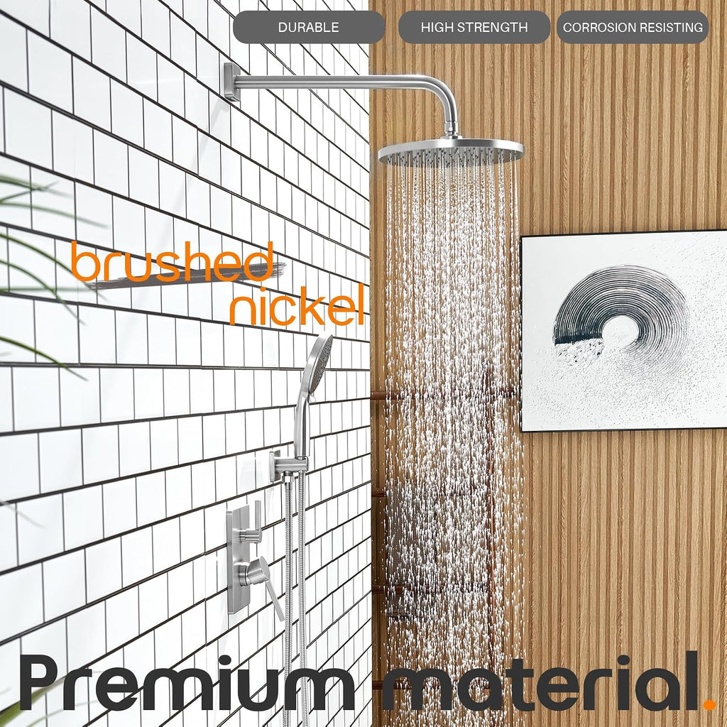 Shower Faucet Mixer Set Includes 10-Inch Rained Shower Head, 3-Setting Handheld Spray and Pressure Balance Valve Wall Mounted Brushed Nickel SF001BR-D10