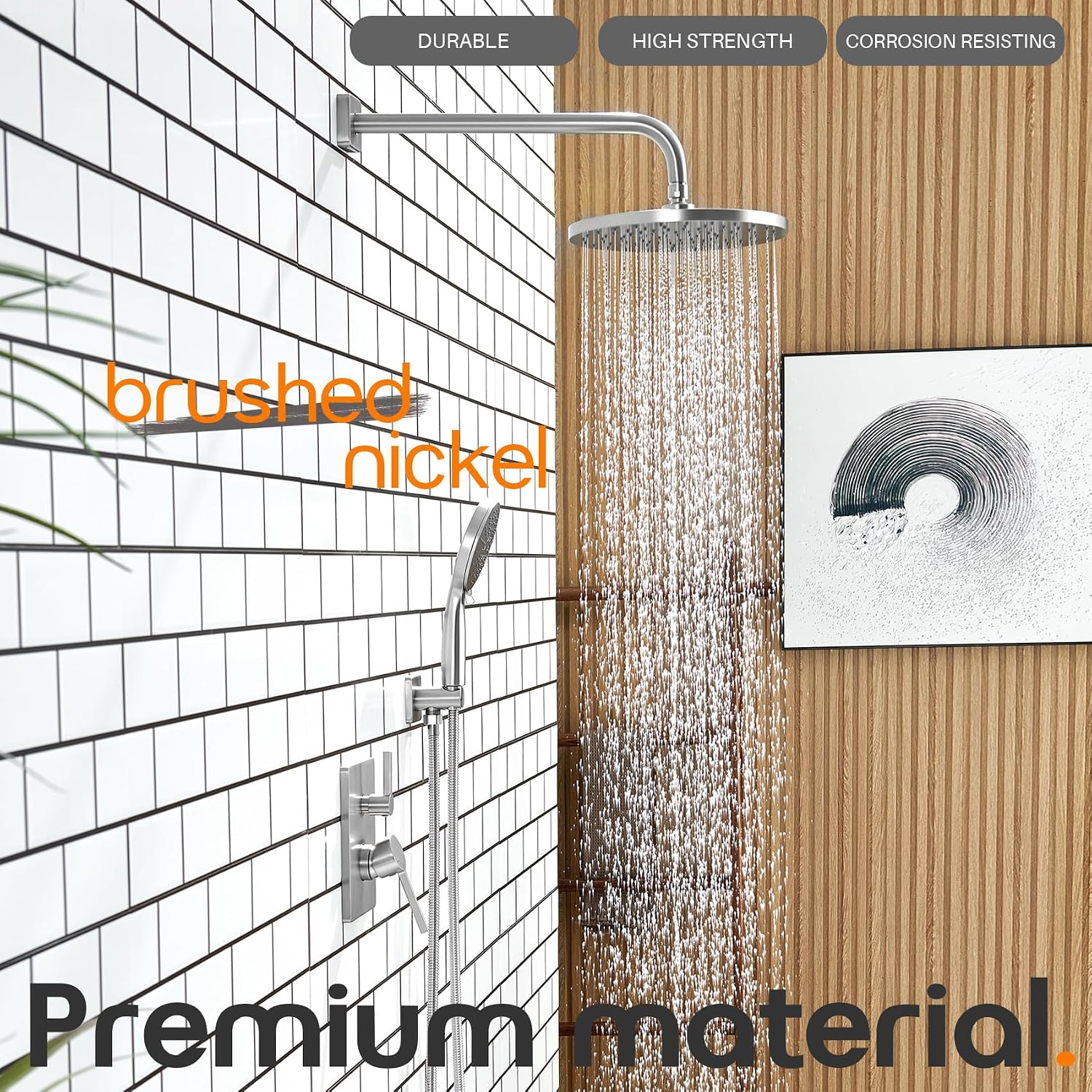 Shower Faucet Mixer Set Includes 10-Inch Rained Shower Head, 3-Setting Handheld Spray and Pressure Balance Valve Wall Mounted Brushed Nickel SF001BR-D10
