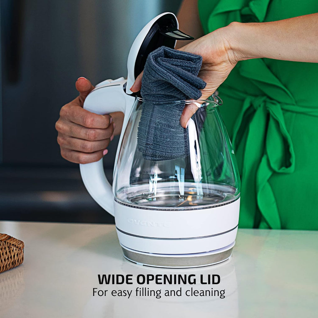 OVENTE Electric Kettle,1.5L Borosilicate Glass Countertop Water Heater & Boiler for Coffee or Tea,BPA-Free,Auto Shut-Off,Boil-Dry Protection,Removable & Washable Spout Filter,White KG83W,(Pack of 8)