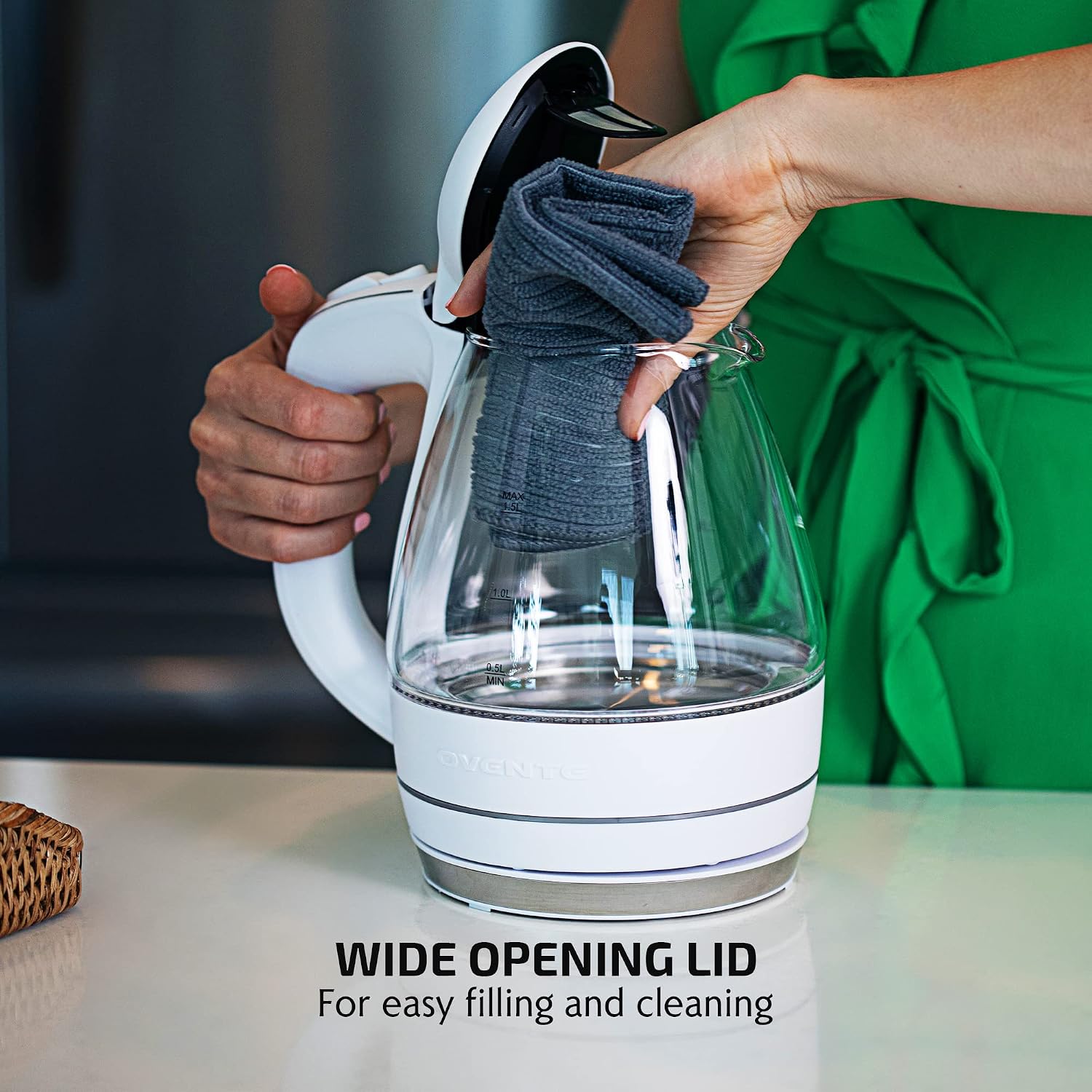 OVENTE Electric Kettle,1.5L Borosilicate Glass Countertop Water Heater & Boiler for Coffee or Tea,BPA-Free,Auto Shut-Off,Boil-Dry Protection,Removable & Washable Spout Filter,White KG83W,(Pack of 8)