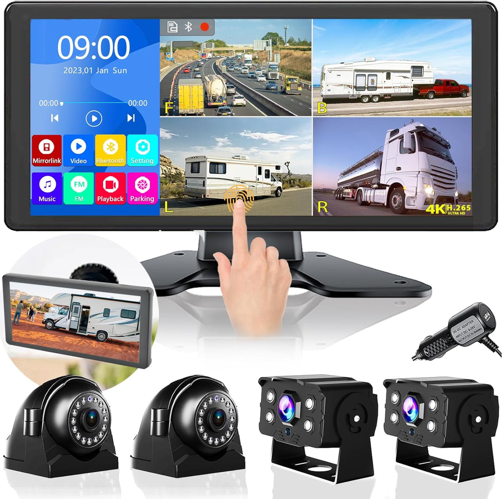 4K RV Backup Camera System 10.36' Quad Split Touch Screen Monitor with 4 1080P Rear Side View Camera, DVR Recording Bluetooth MP3 MP5 IP69 Waterproof Night Vision for RV Truck Trailer Tractor
