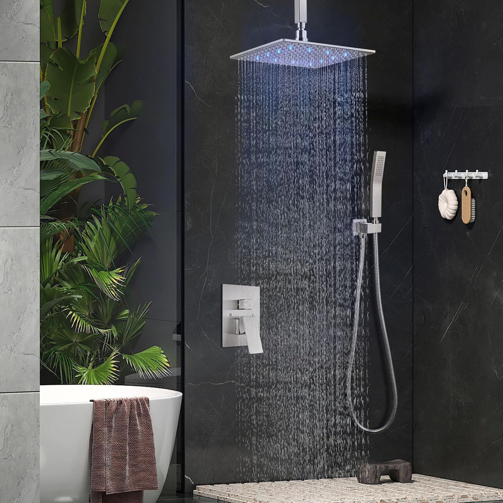 Aolemi Ceiling Mount Shower Faucet Set with Handheld Spray High Pressure Shower Faucets Sets Complete Rough-in Valve and Shower Trim Kit System Included Rainfall Brushed Nickel 12 Inch LED Shower Head