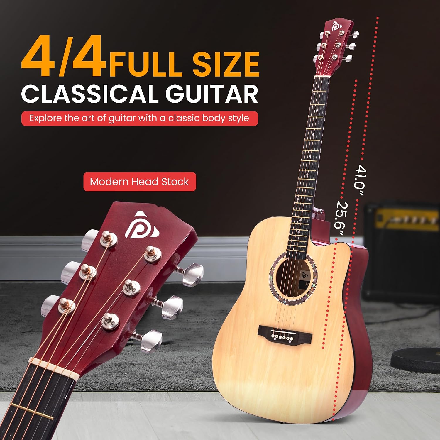 Pyle 41' Beginner Acoustic Guitar Kit, Full Size Natural Cutaway Set