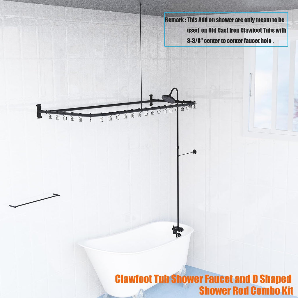Clawfoot Tub Shower Kit,Add On Shower With Bathcock Diverter Faucet and 60' D Type Claw foot Tub Shower Curtain Rod Kit,D-Style Shower Rod and Clawfoot Tub Shower Faucet Set,Matte Black