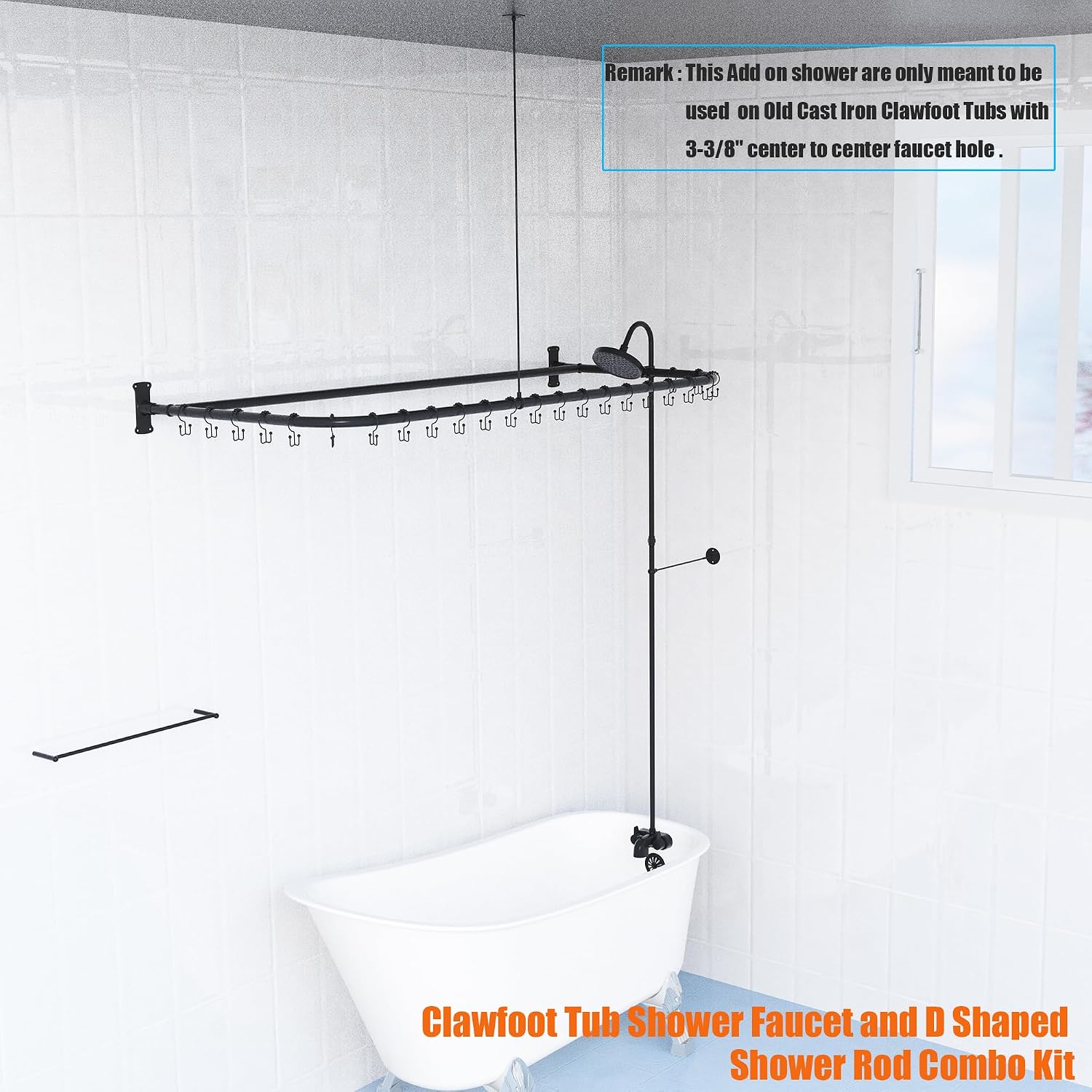 Clawfoot Tub Shower Kit,Add On Shower With Bathcock Diverter Faucet and 60' D Type Claw foot Tub Shower Curtain Rod Kit,D-Style Shower Rod and Clawfoot Tub Shower Faucet Set,Matte Black