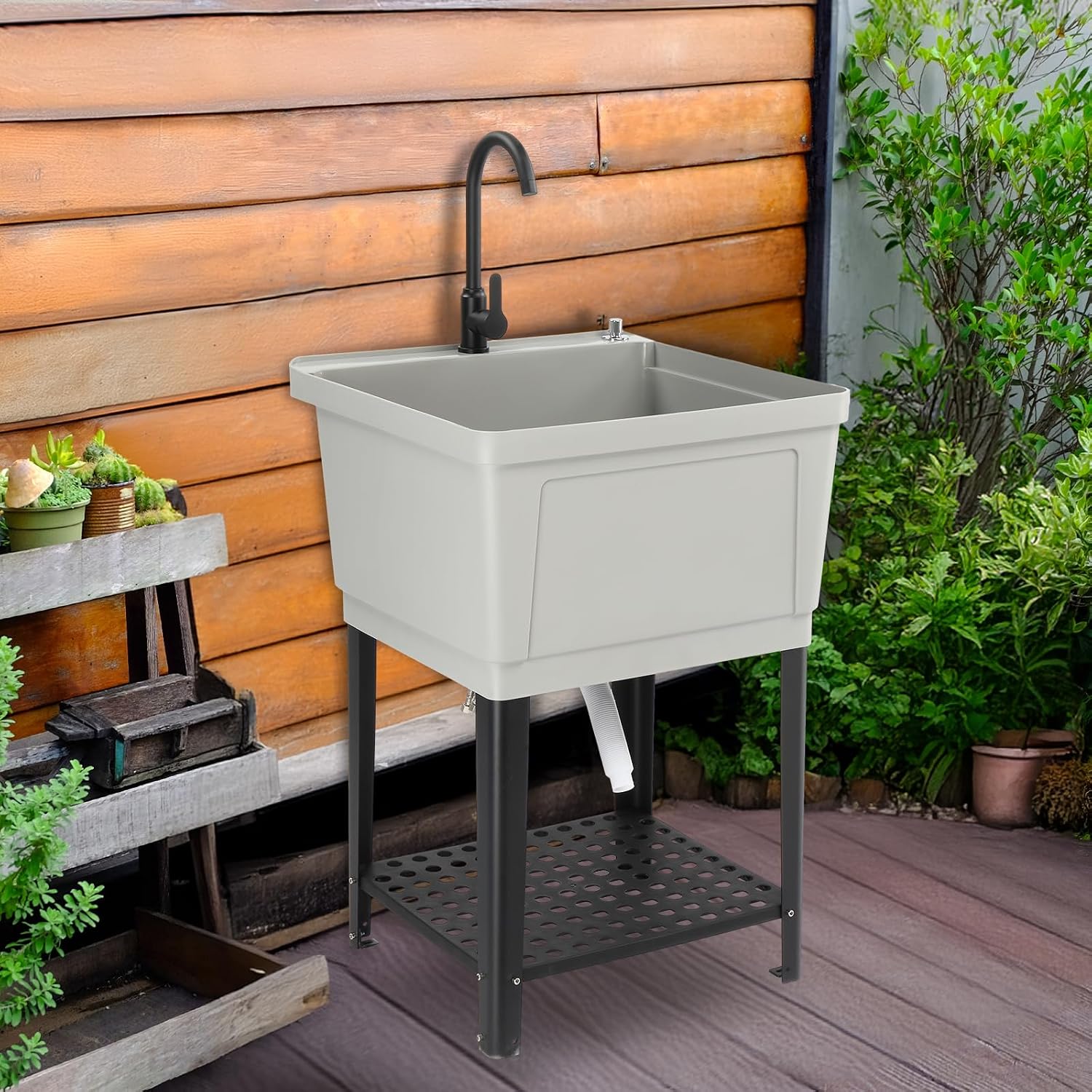 VINGLI Utility Sink Laundry Tub for Washing Room, Freestanding Utility Sink with Stainless Steel Faucet (23.6'W×23.6'D×36.2'H, Grey)