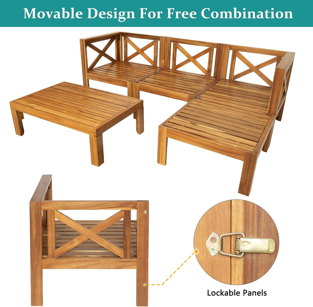 5-Piece Sectional Sofa Seating Group Set With Cushions,Outdoor Backyard Patio Wood Sectional Seating Group With Tea Table And Ottoman For Backyard,Garden,Poolside (Natural Finish+ Beige Cushions-01)