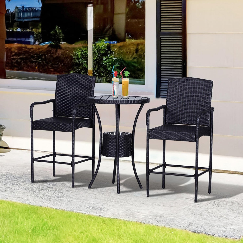 Rattan Wicker Bar Set for 3 PCS with Ice Buckets, Patio Furniture with 1 Bar Table and 2 Bar Stools for Poolside, Backyard, Porches
