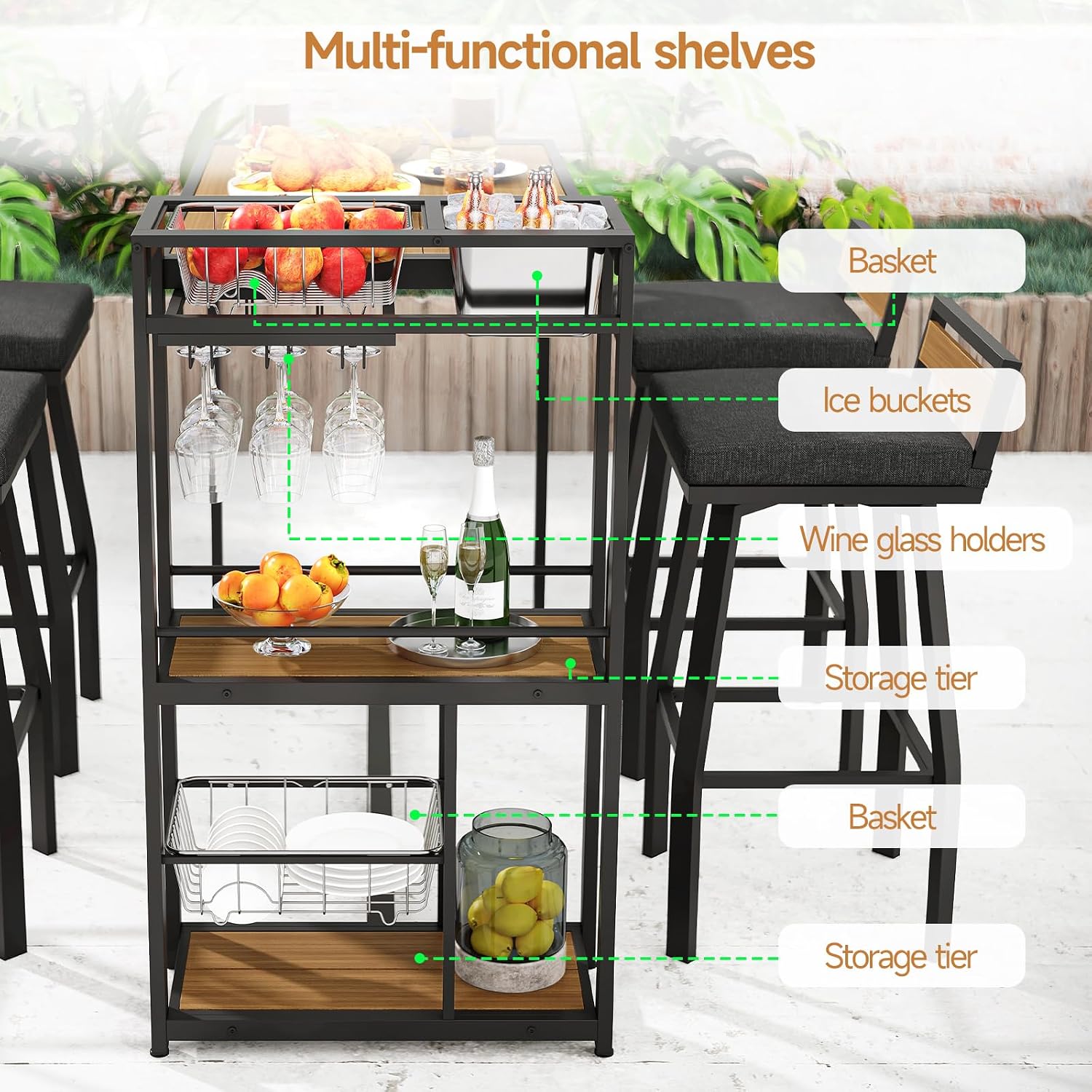 ONBRILL 5-Piece Outdoor Patio Bar Set, Outdoor Bar Table and Chairs Set w/Storage Shelves, Wood Plastic Tabletop, 360° Swivel Stools, Weather-Resistant, Outdoor Furniture for Backyard, Garden, Porch