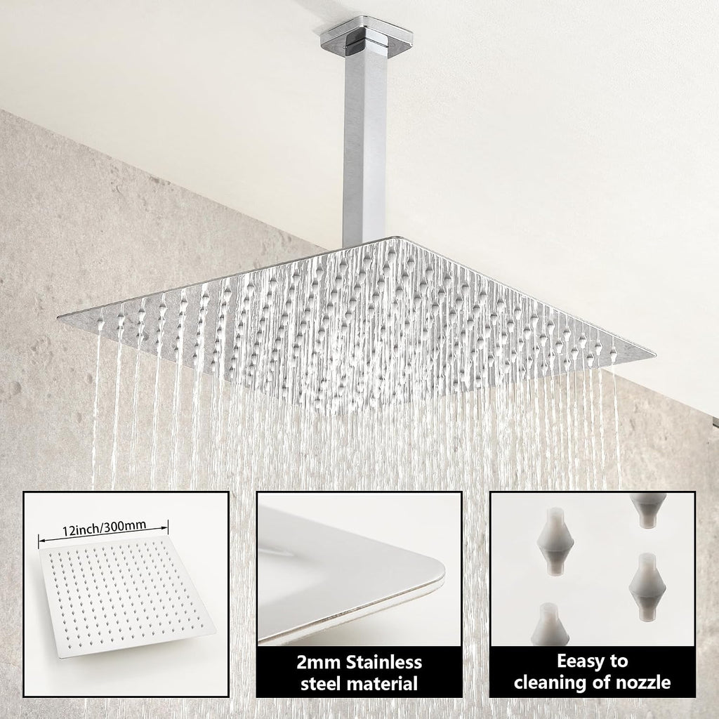 SKWOLL Shower Faucets Sets Complete Polished Chrome, 12 Inch Rainfall Shower Head with Handheld, 2 Function Ceiling Mount Shower Head System with Digital Display Shower Valve Kit
