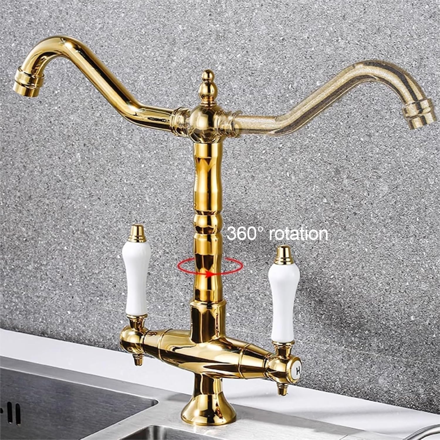 All Copper Retro European Kitchen Faucet Double Handle Hot and Cold Rotating Faucet(Gold)