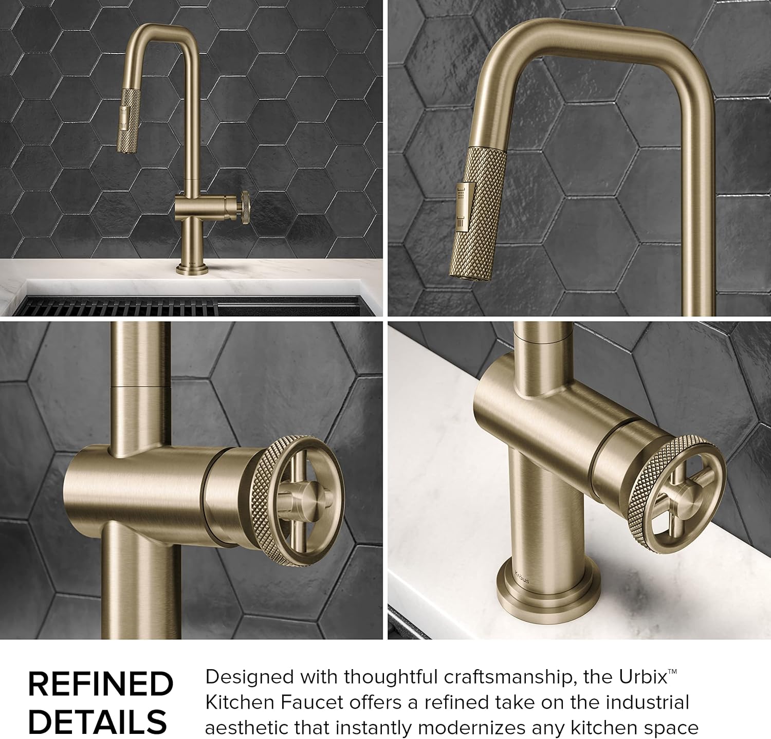 KRAUS Urbix Industrial Pull-Down Single Handle Kitchen Faucet in Brushed Gold, KPF-3126BG