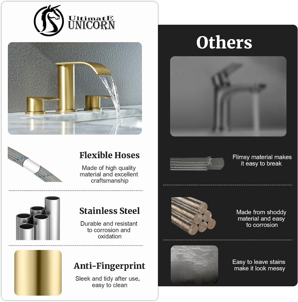 Ultimate Unicorn 8 inch Bathroom Faucet Brushed Gold, Waterfall Bathroom Faucet with Metal Pop-up Sink Drain Stopper and 2 Supply Hoses,2 Handle Widespread Faucets for Vanity Sink 3 Holes (Pack of 2)