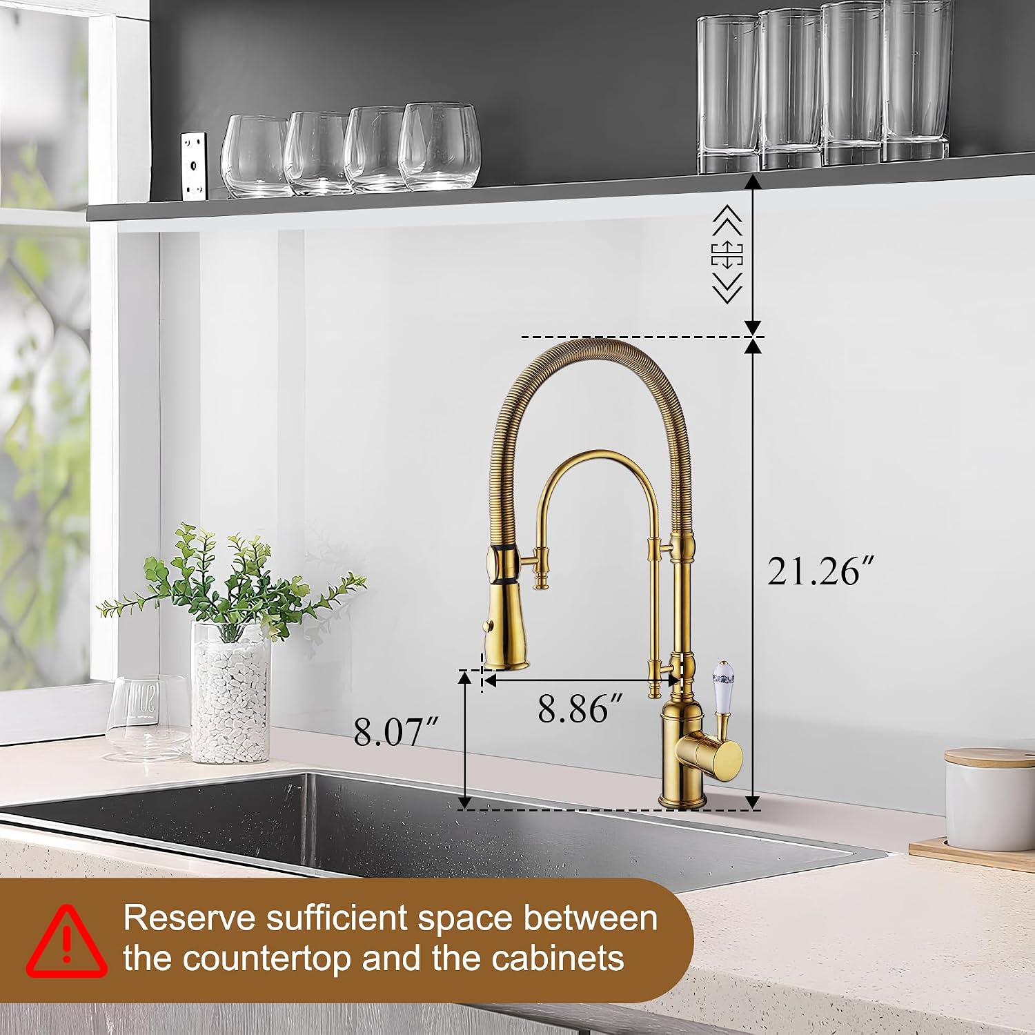 Classical High Arc Single Handle Spring Kitchen Faucet with Pull Down Spray, Swiveling Commercial Single Handle Kitchen Sink Faucets for Farmhouse, Gold
