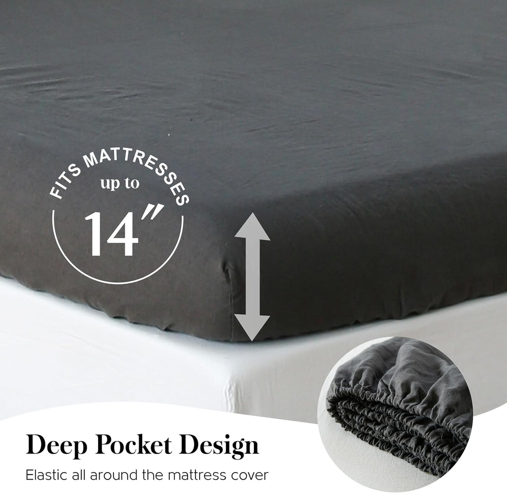 Simple&Opulence 100% Pure Linen Sheet Set Queen Size, Natural French Flax Solid Color 4 Pcs Washed Breathable, Farmhouse Bedding (1 Flat Sheet,1 Fitted Sheet,2 Pillowcases)-Embroidery Dark Grey