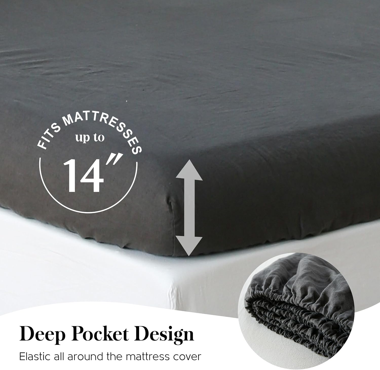 Simple&Opulence 100% Pure Linen Sheet Set Queen Size, Natural French Flax Solid Color 4 Pcs Washed Breathable, Farmhouse Bedding (1 Flat Sheet,1 Fitted Sheet,2 Pillowcases)-Embroidery Dark Grey