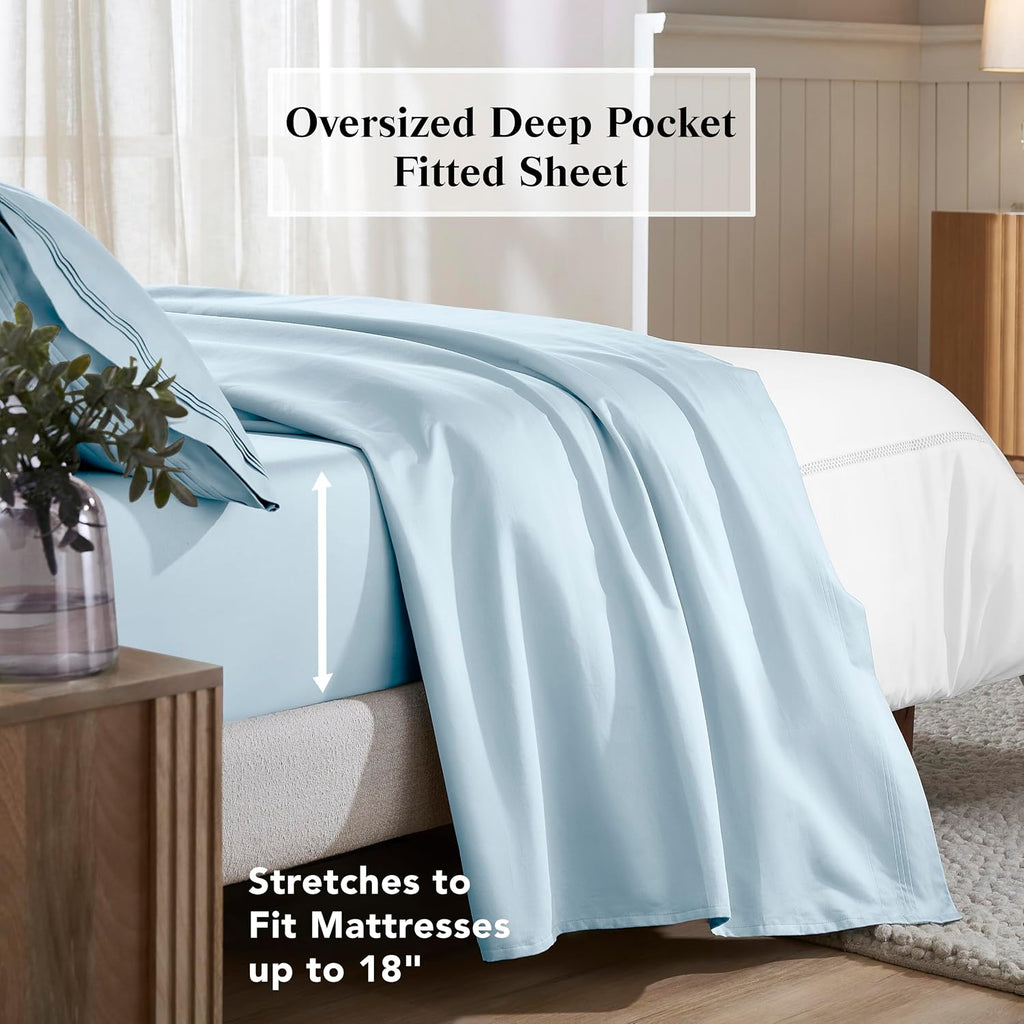 Superior Egyptian Cotton 5 Piece Sheet Set, 650 Thread Count, Eco-Friendly, Sustainable Sheets, Ultra-Soft Basics, Solid, Deep Pocket Fitted Sheets, Flat Sheet, Pillowcases, Split King, Baby Blue