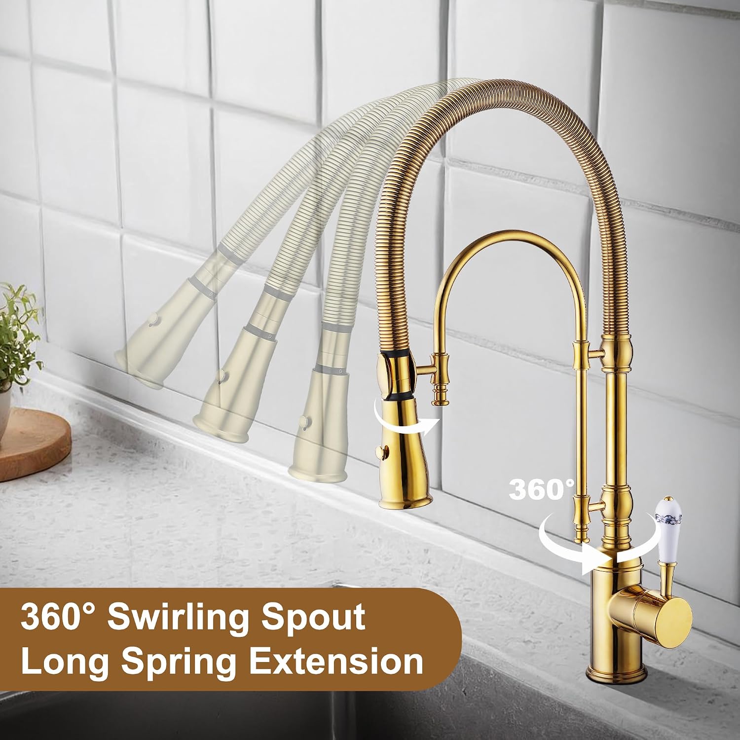 Classical High Arc Single Handle Spring Kitchen Faucet with Pull Down Spray, Swiveling Commercial Single Handle Kitchen Sink Faucets for Farmhouse, Gold