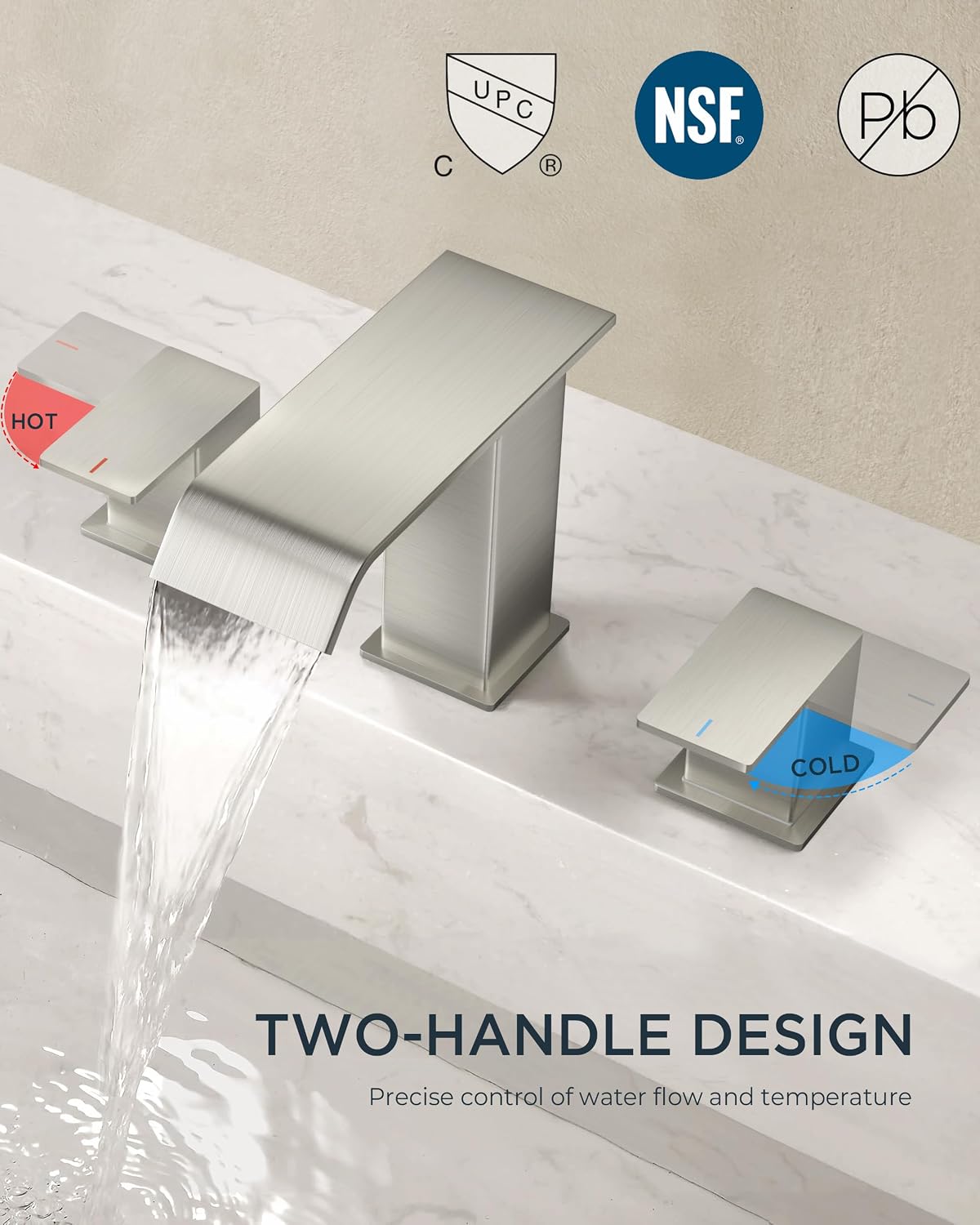 FORIOUS Widespread Bathroom Sink Faucet 3 Hole Brushed Nickel, 2 Handles Waterfall Bathroom Faucet with Metal Pop-up Drain and 24' Hot and Cold Water Hoses, Suitable for Vanity RV Restroom, 2 Pack