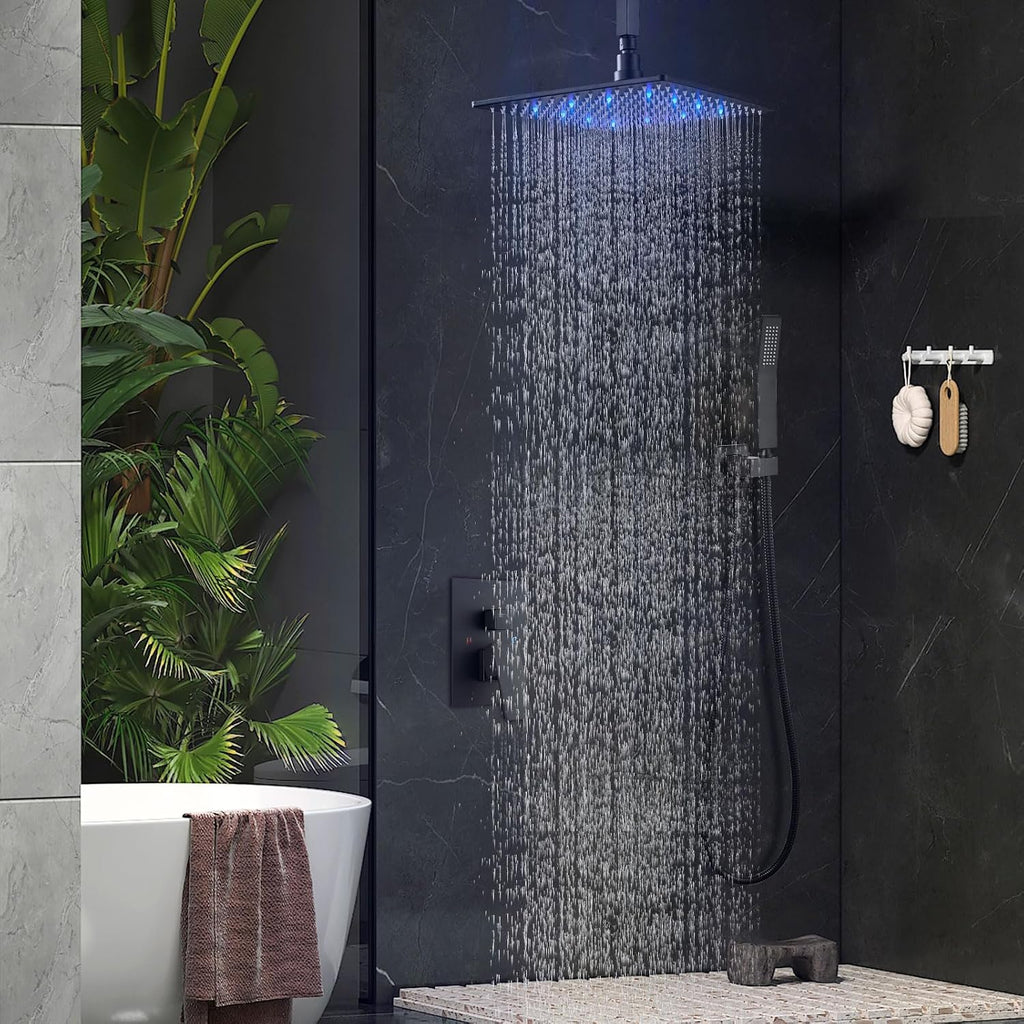 Aolemi Ceiling Mount Shower Faucet Set with Handheld Spray High Pressure Shower Faucets Sets Complete Rough-in Valve and Shower Trim Kit System Included Rainfall Matte Black 12 Inch LED Shower Head