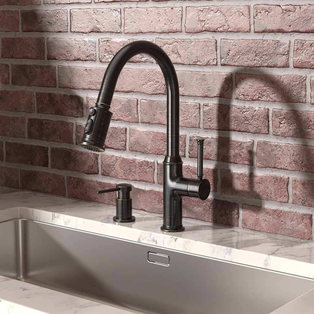 Lava Odoro Oil Rubbed Bronze Kitchen Faucet with Pull Down Sprayer, Single Handle Kitchen Sink Faucet Bronze Faucet for Kitchen Sink 1 Hole and 3 Hole, Deck Plate Included, KF421-ORB