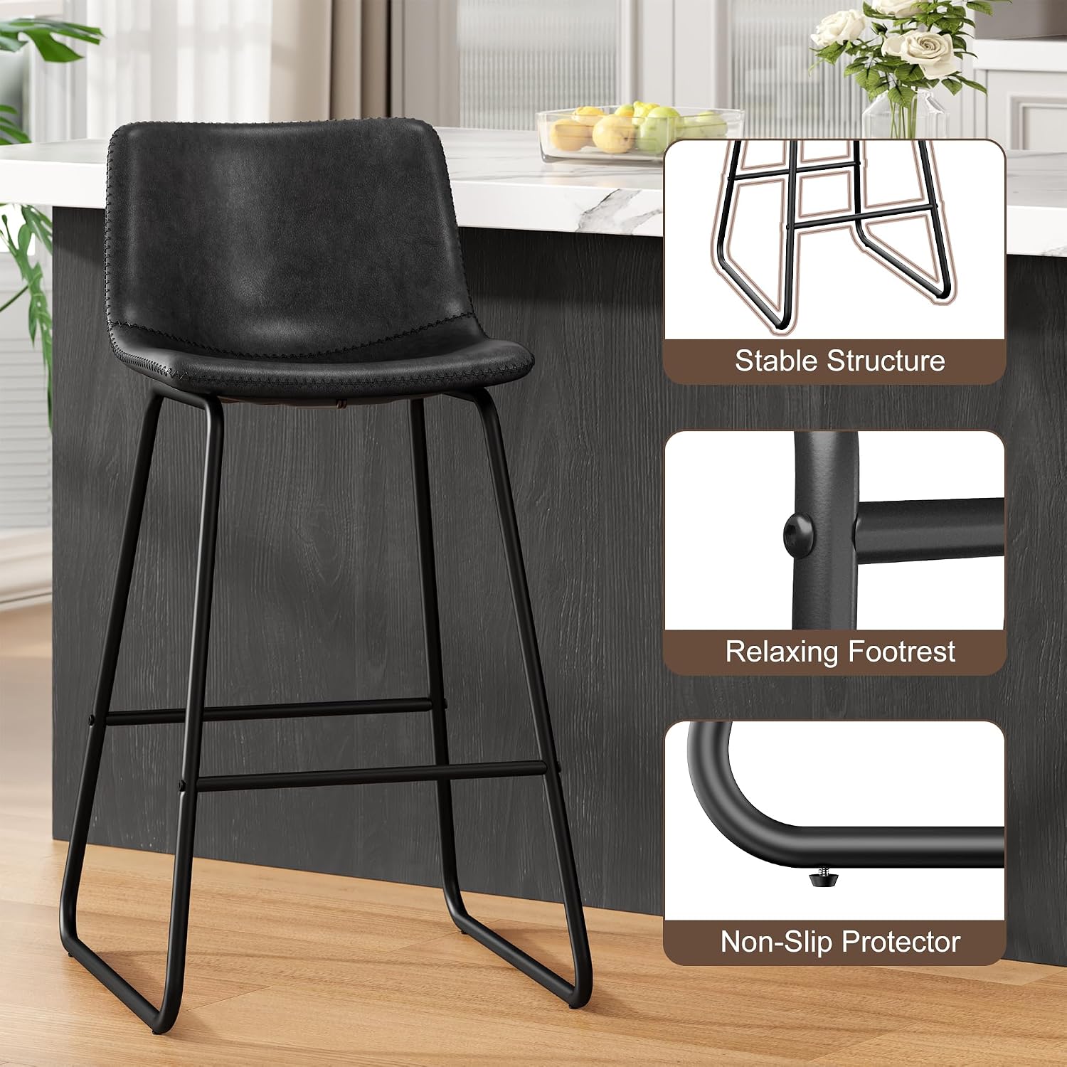 REONEY Bar Stools Set of 4, Faux Leather Counter Height Stools, 26' Modern Barstools with Metal Legs and Footrest, Urban Armless Counter Chairs with Back for Kitchen Island (Black)