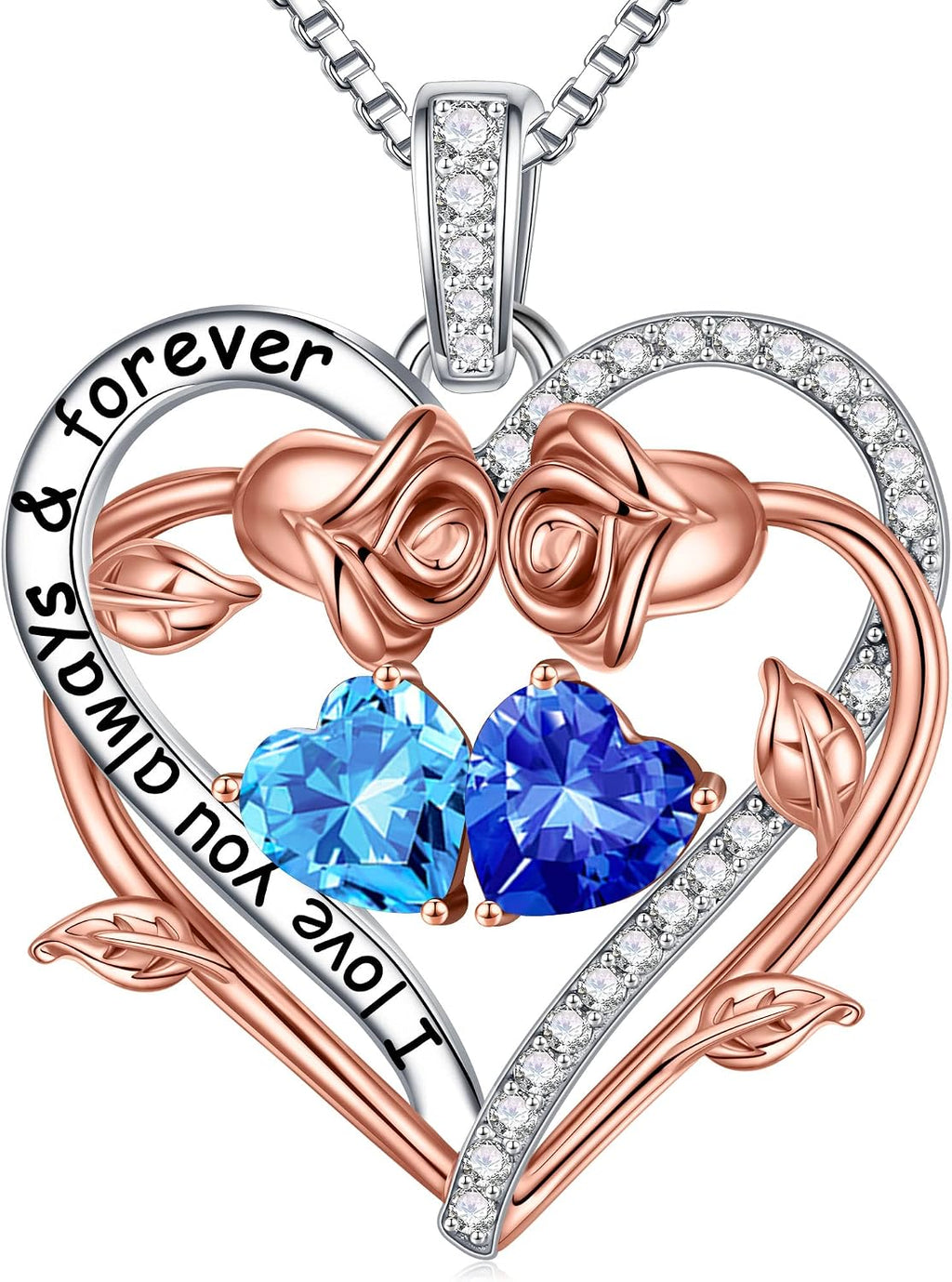 Iefil Rose Heart Double Birthstone Necklace Gifts for Wife Girlfriend Her Women, Birthstone Jewelry Gemstone Birthday Gifts for Mom Grandma Her Wife Women