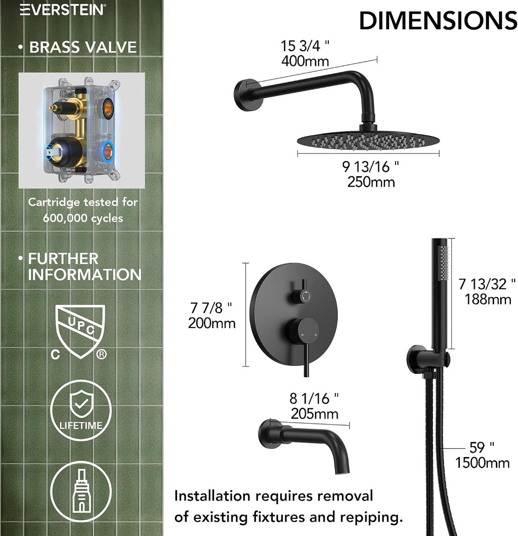 10' High-Pressure Rainfall Shower System with Handheld Spray, Wall Mount Bathroom Shower Faucet Set with Tub Spout (Matte Black)