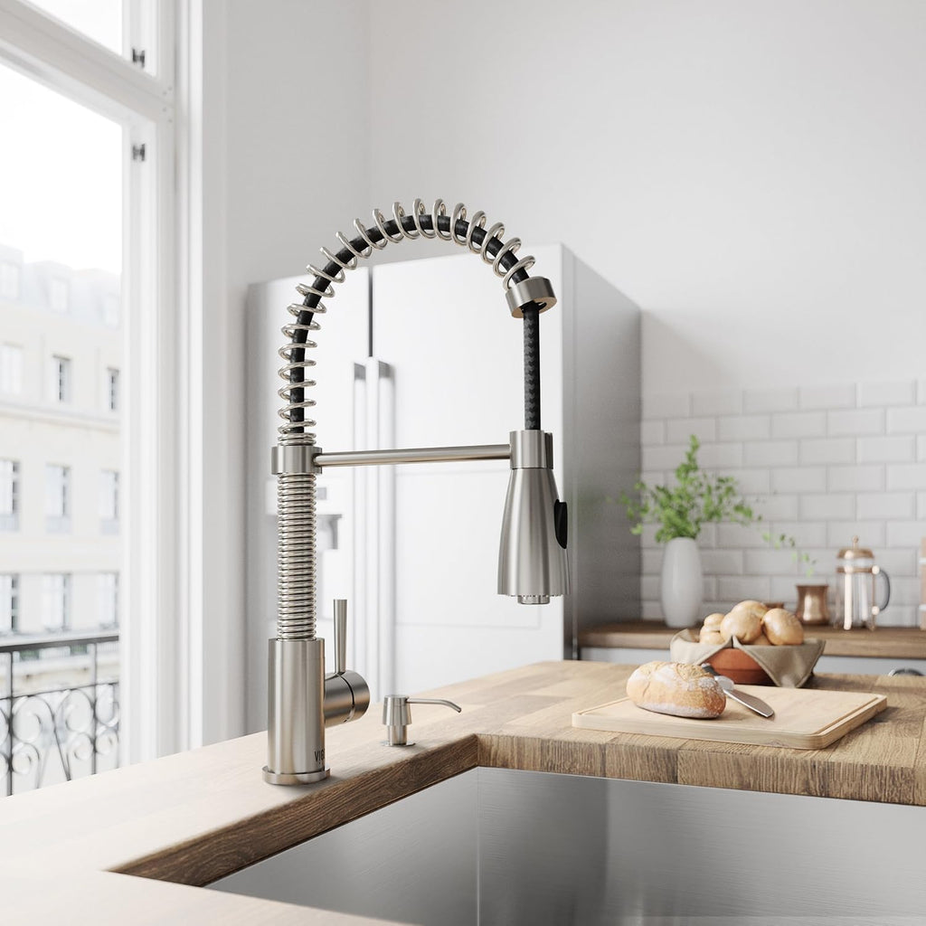 VIGO Brant 19'' H Single Handle Pull-Down Sprayer Kitchen Faucet Set with Soap Dispenser in Stainless Steel-VG02003STK2