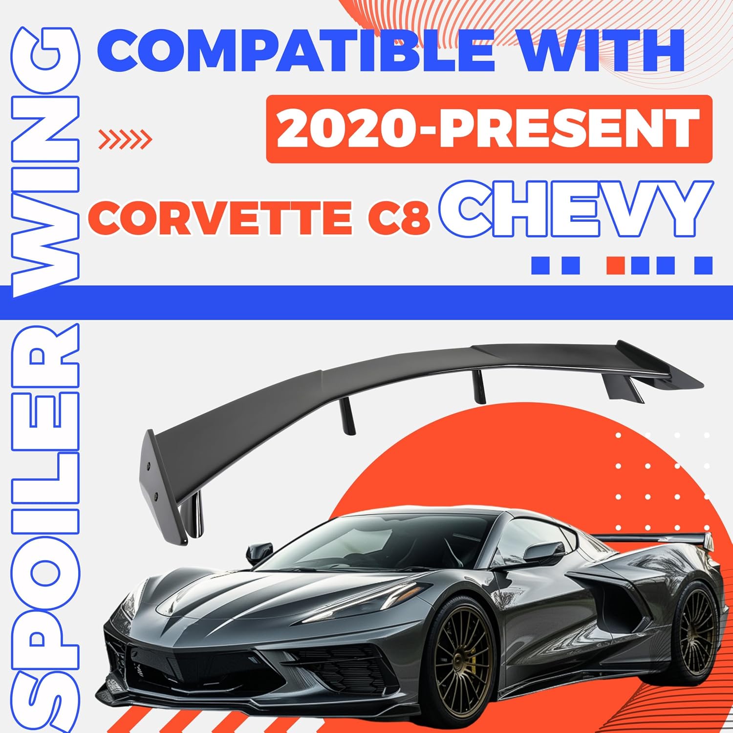 HECASA Rear Trunk Spoiler Compatible with 2020 2021 2022 2023 2024 Corvette C8 Stingray Z51 Rear High Wing Spoiler, Glossy Black