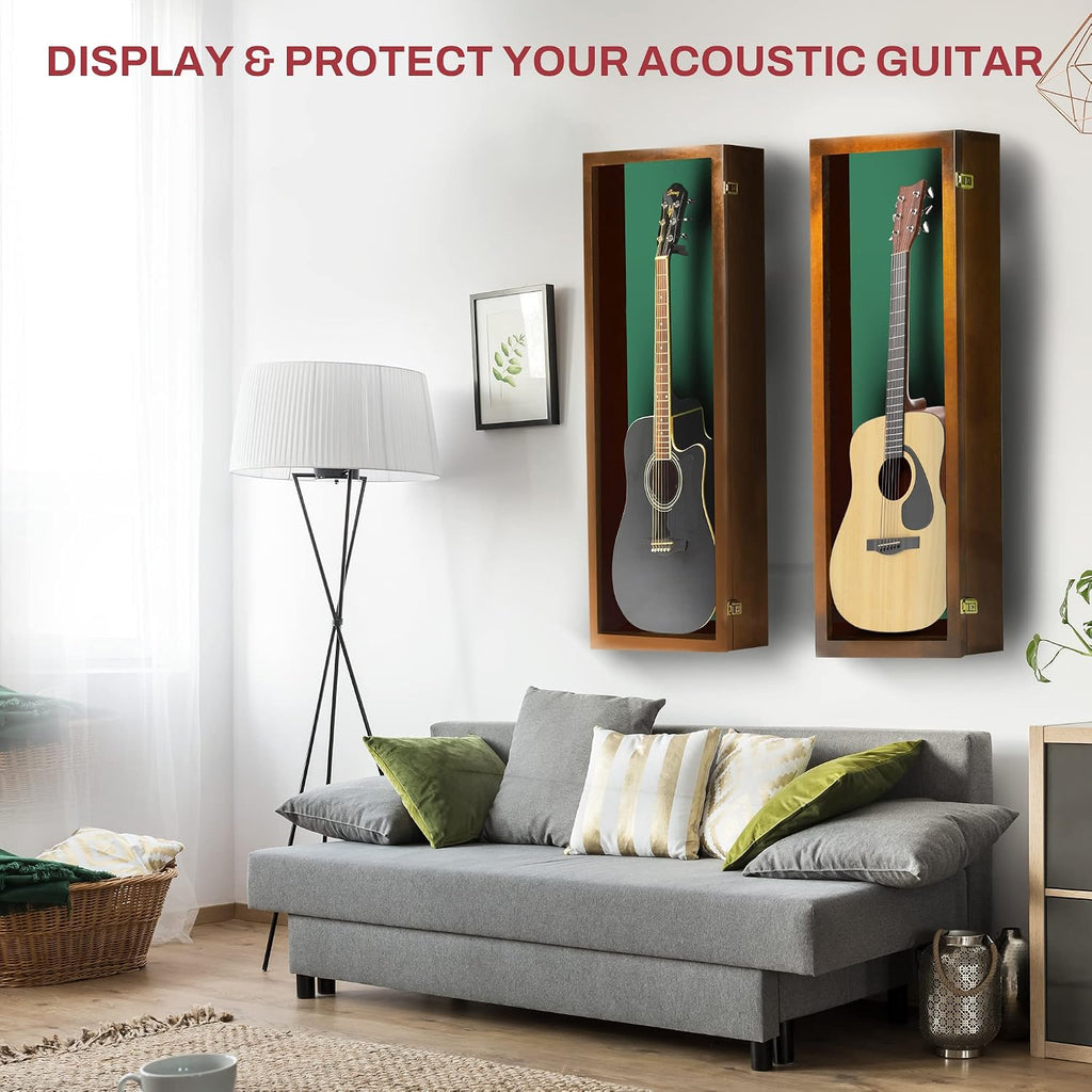 PENNZONI Acoustic Guitar Display Case - Acrylic Acoustic Guitar Case - Guitar Display Case Wall Mount Made from Hardwood Frame & Clear Acrylic - Walnut w/Felt Green