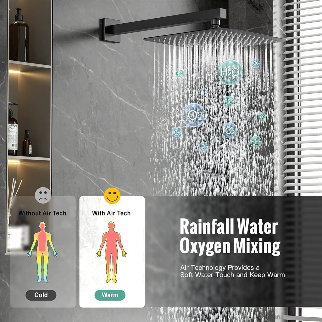 Waist Massage Spray Shower System with 6 Body Jets and Tub Spout, 16'' Full Body Bathtub Shower System with Shower Jet, Wall Mounted Rain Shower and Handheld Shower Faucet Set Complete, Matte Black