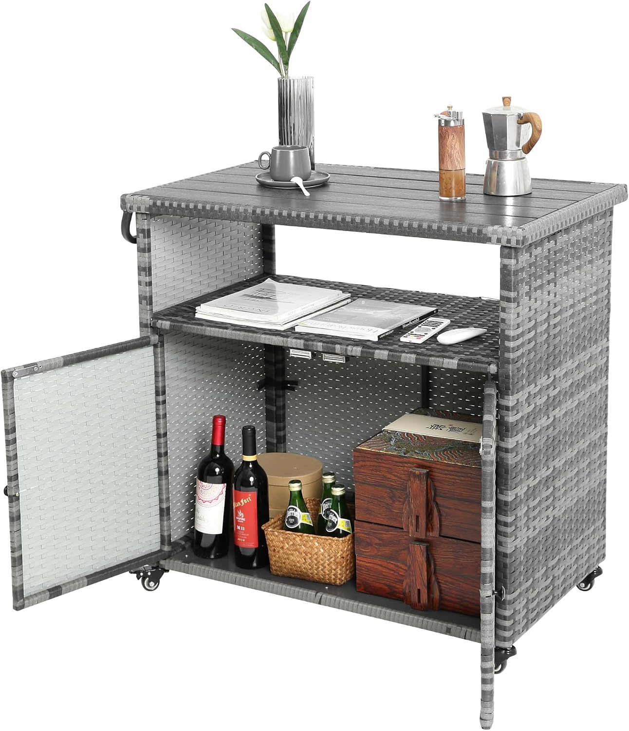 Outdoor Wicker Bar Cart with Wheels, Outdoor Rolling Kitchen Island Grill Cart with Storage Cabinet, Outside Portable Bar Table for Events, Patio, Porch, Backyard, Garden, Poolside, Aqua Grey