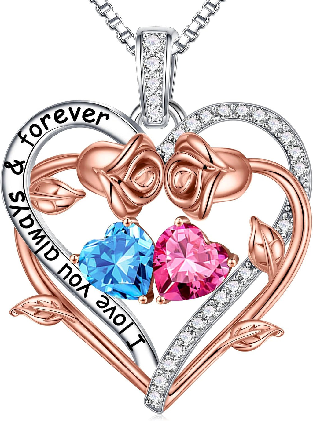 Iefil Rose Heart Double Birthstone Necklace Gifts for Wife Girlfriend Her Women, Birthstone Jewelry Gemstone Birthday Gifts for Mom Grandma Her Wife Women