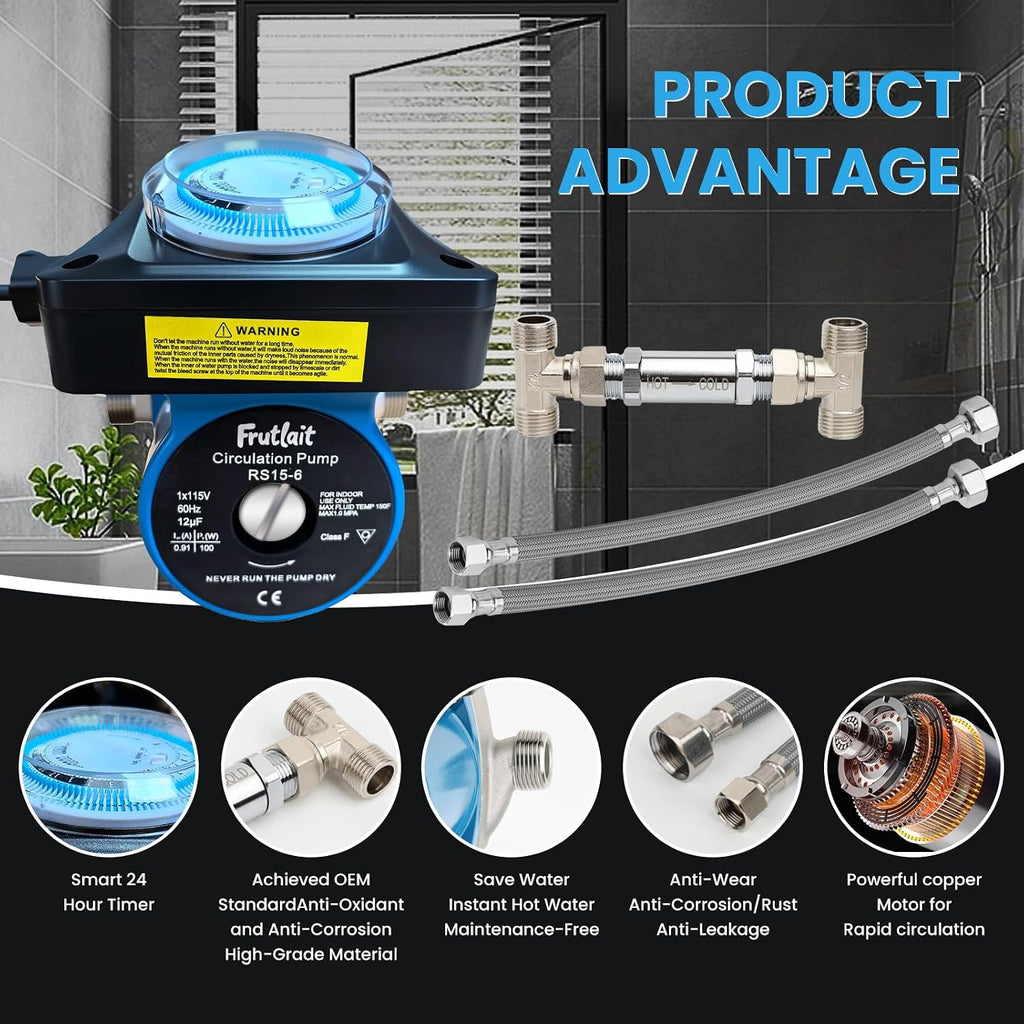 Hot Water Recirculating Pump with Programmable Timer, 304SS Sensor Valve, Instant Hot Water, Quiet Energy-Efficient Circulation System, Includes Pump, 2 Adapters, 2 Supply Lines, Easy DIY Install