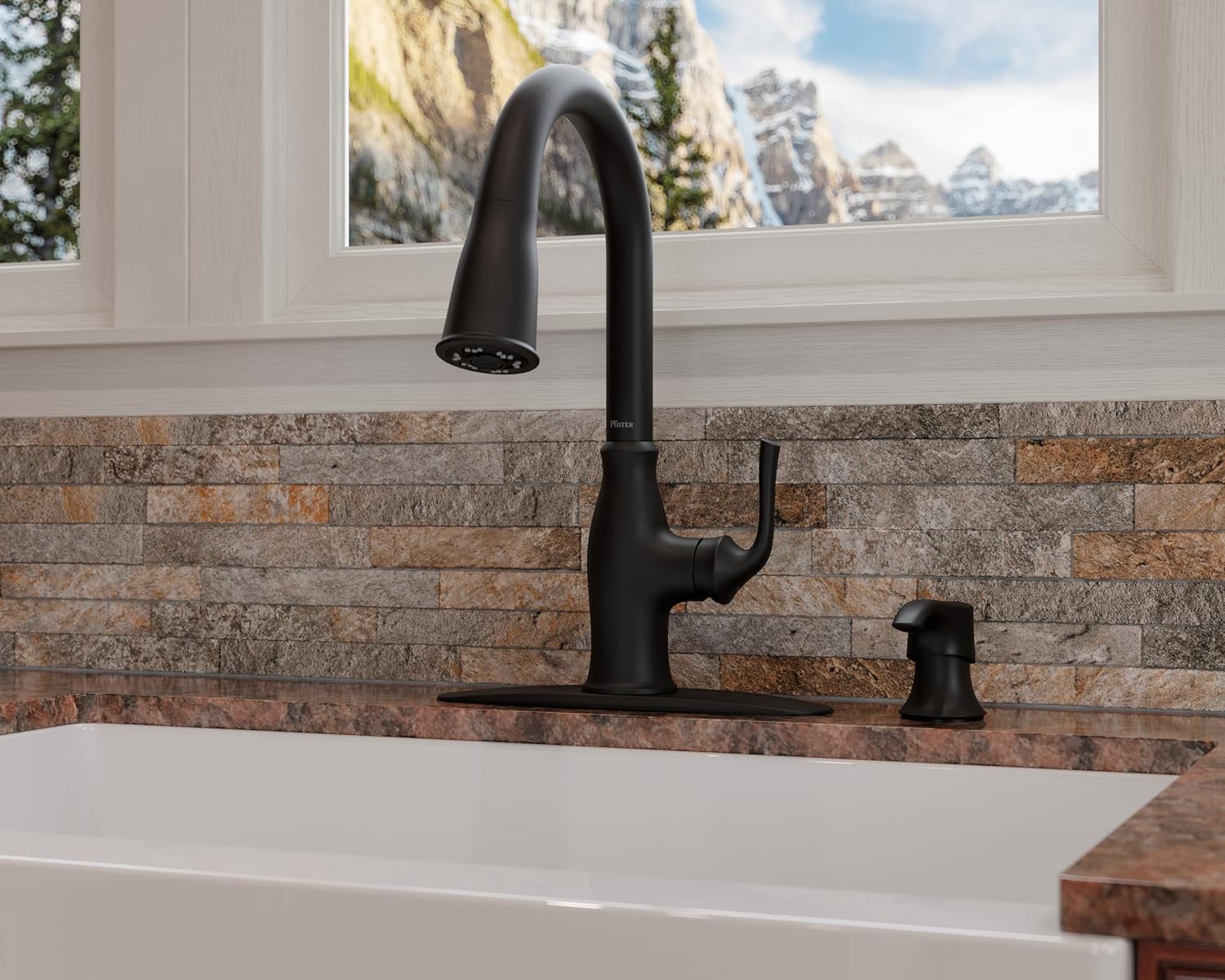 Pfister Rosslyn Kitchen Faucet with Pull Down Sprayer and Soap Dispenser, Single Handle, High Arc, NSF Certified, Matte Black Finish, F5297RSSRB