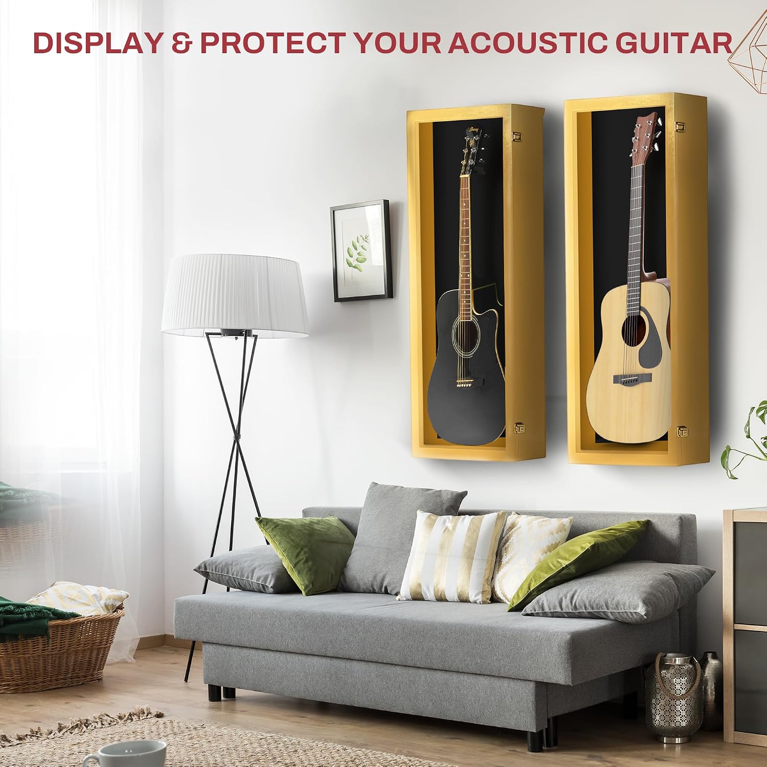 PENNZONI Acoustic Guitar Display Case - Acrylic Acoustic Guitar Case - Guitar Display Case Wall Mount Made from Hardwood Frame & Clear Acrylic - Golden Oak w/Black Felt