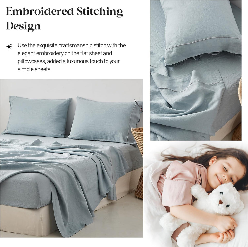 Simple&Opulence 100% Pure Linen Sheet Set Queen Size, Natural French Flax Solid Color 4 Pcs Washed Breathable, Farmhouse Bedding (1 Flat Sheet,1 Fitted Sheet,2 Pillowcases)-Embroidery Dusty Blue
