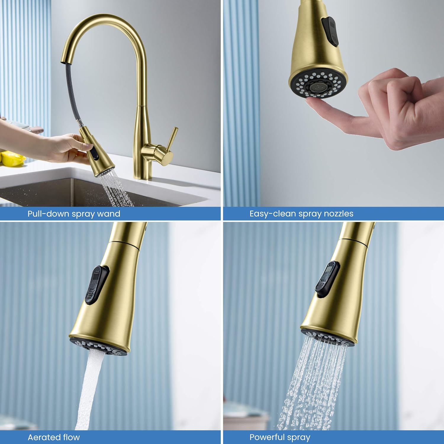 KIBI Bari-T Single Handle Pull Down Kitchen Faucet with High Arc Solid Brass Spout | 360-Degree Swivel, and Dual-Function Sprayer | Modern Pull Down Faucet for Kitchen Sink (Brushed Gold, KKF2016)