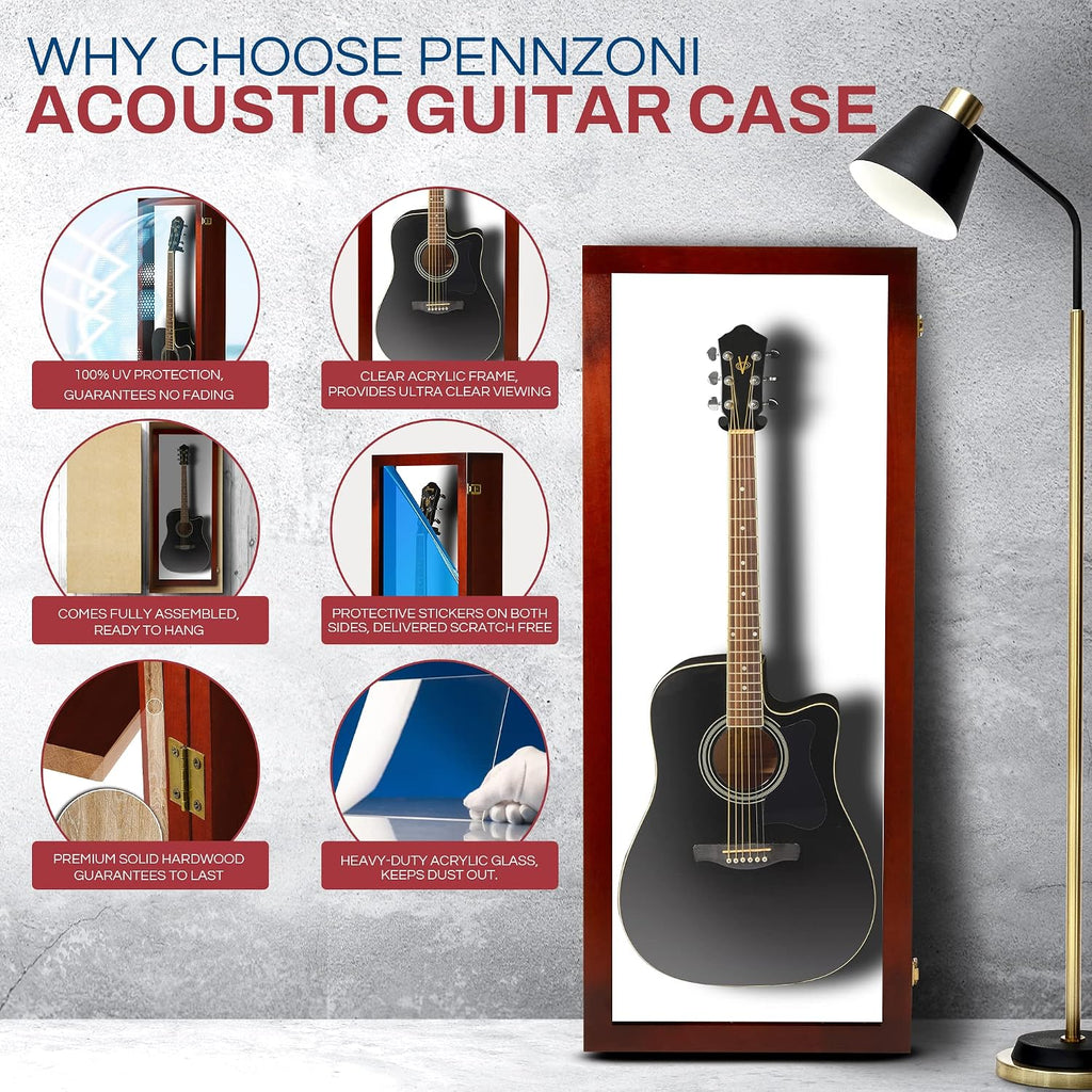 PENNZONI Acoustic Guitar Display Case - Acrylic Acoustic Guitar Case - Guitar Display Case Wall Mount Made from Hardwood Frame & Clear Acrylic - Cherry w/Felt White