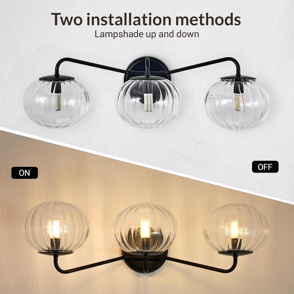ANDY STAR Black Vanity Lights, 3 Light Bathroom Light Fixtures with Clear Pumpkin-Ribbed Glass Globe Shade, Classic Matte Black Striped Wall Lights for Over Mirror, G9 Base (No Bulbs)