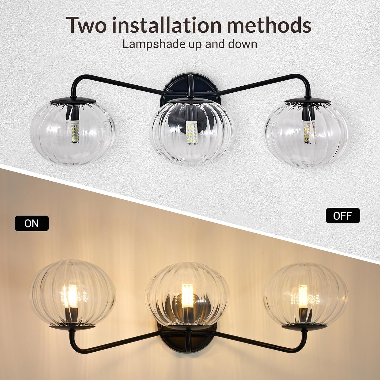 ANDY STAR Black Vanity Lights, 3 Light Bathroom Light Fixtures with Clear Pumpkin-Ribbed Glass Globe Shade, Classic Matte Black Striped Wall Lights for Over Mirror, G9 Base (No Bulbs)