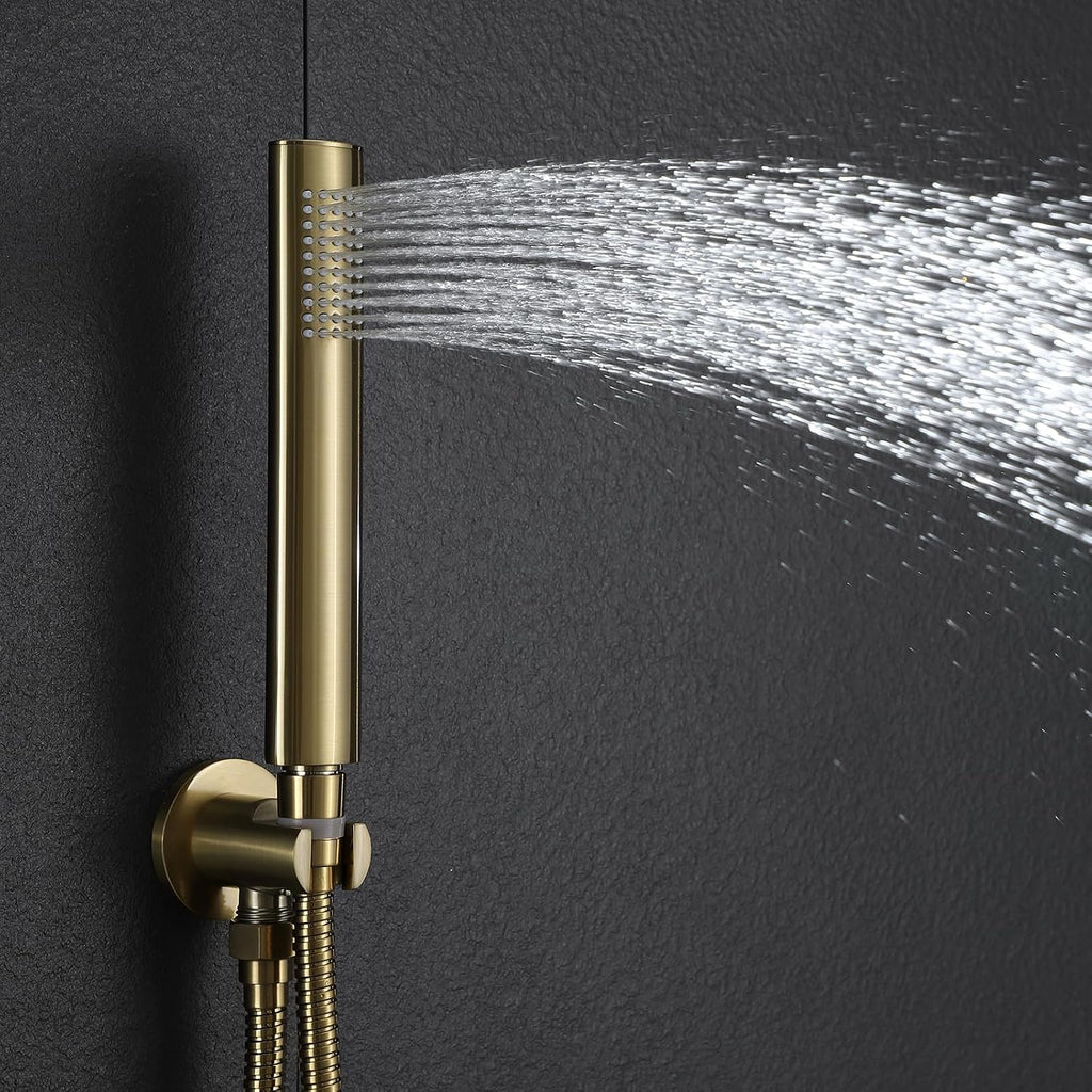 Brushed Gold Shower Fixture Set Has 12 Inch Rain Shower Head with Handheld Showerhead, Brushed Brass Gold Shower System with Solid Brass Valve The Golden Brushed Shower Faucet for Bathroom