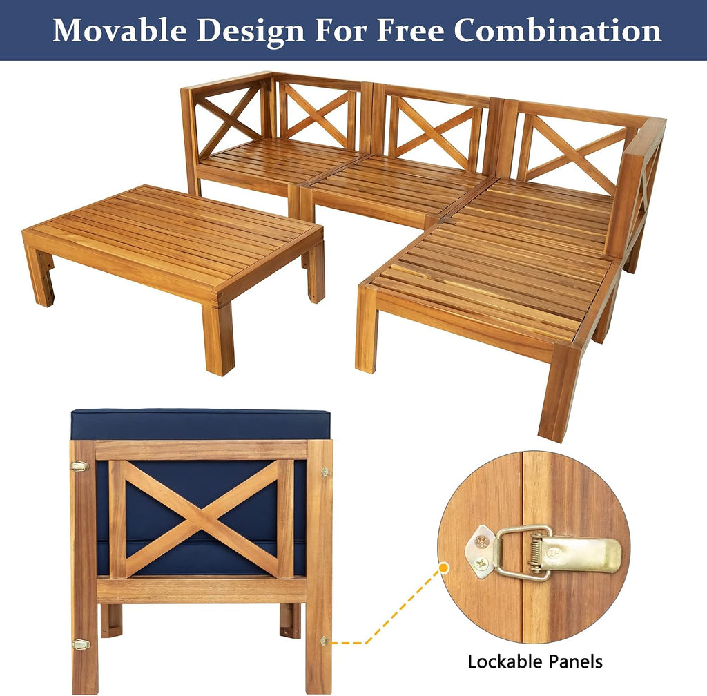 5-Piece Sectional Sofa Seating Group Set With Cushions,Outdoor Backyard Patio Wood Sectional Seating Group With Tea Table And Ottoman For Backyard,Garden,Poolside (Natural Finish+ Blue Cushions-01)