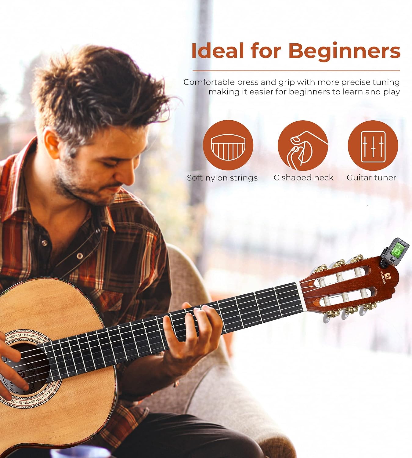 Classical Guitar Full Size 4/4 Spanish Style Classical Guitarra, 39 Inch Nylon Strings Guitar Ideal for Beginner Adults, Cedar Top, by Vangoa