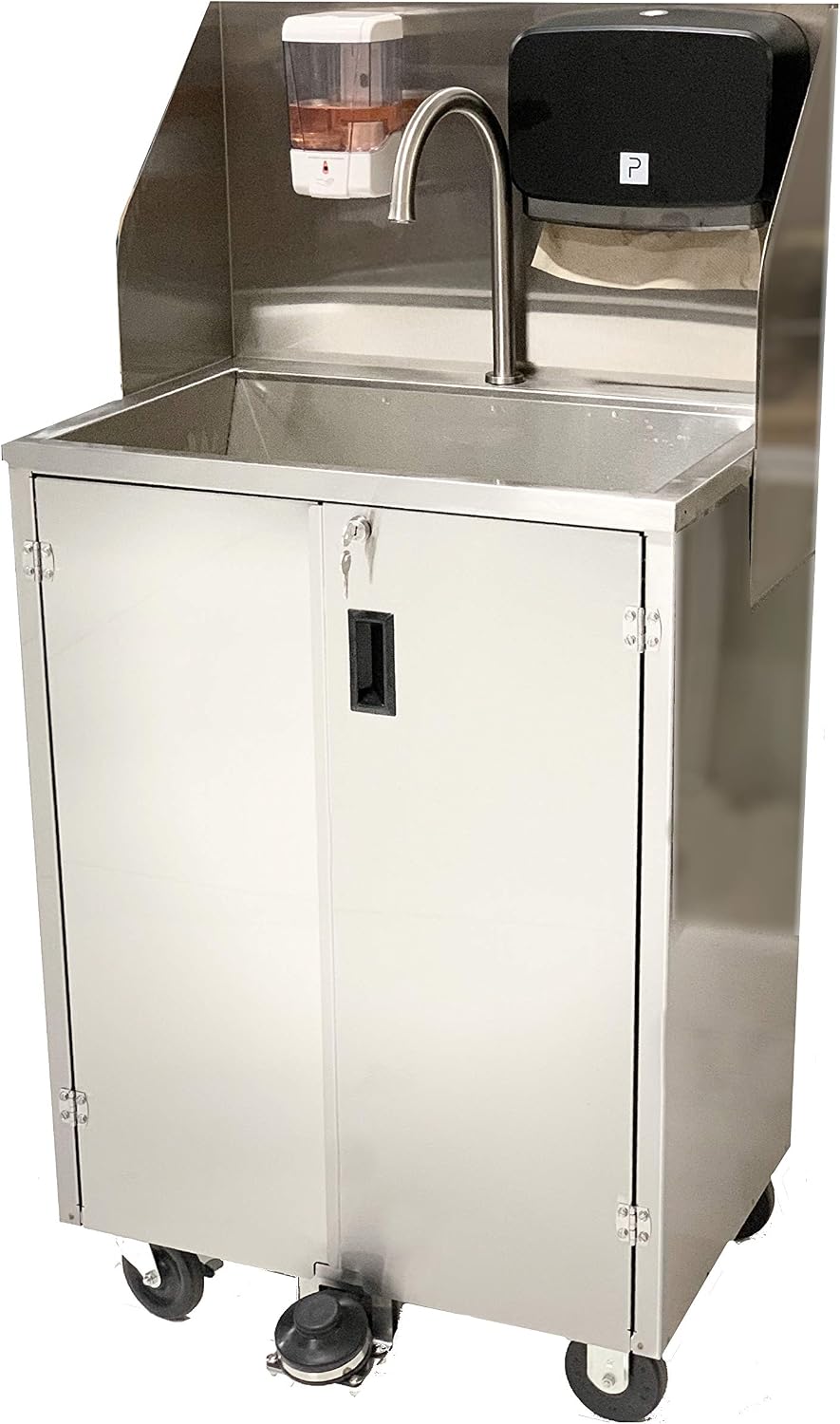 Pro Series Portable Handwashing Sink – All Stainless Steel, Indoor Outdoor, 5 Gallon (19L) Water Tanks, Wheels, Soap and Towel Dispensers, Gooseneck Faucet