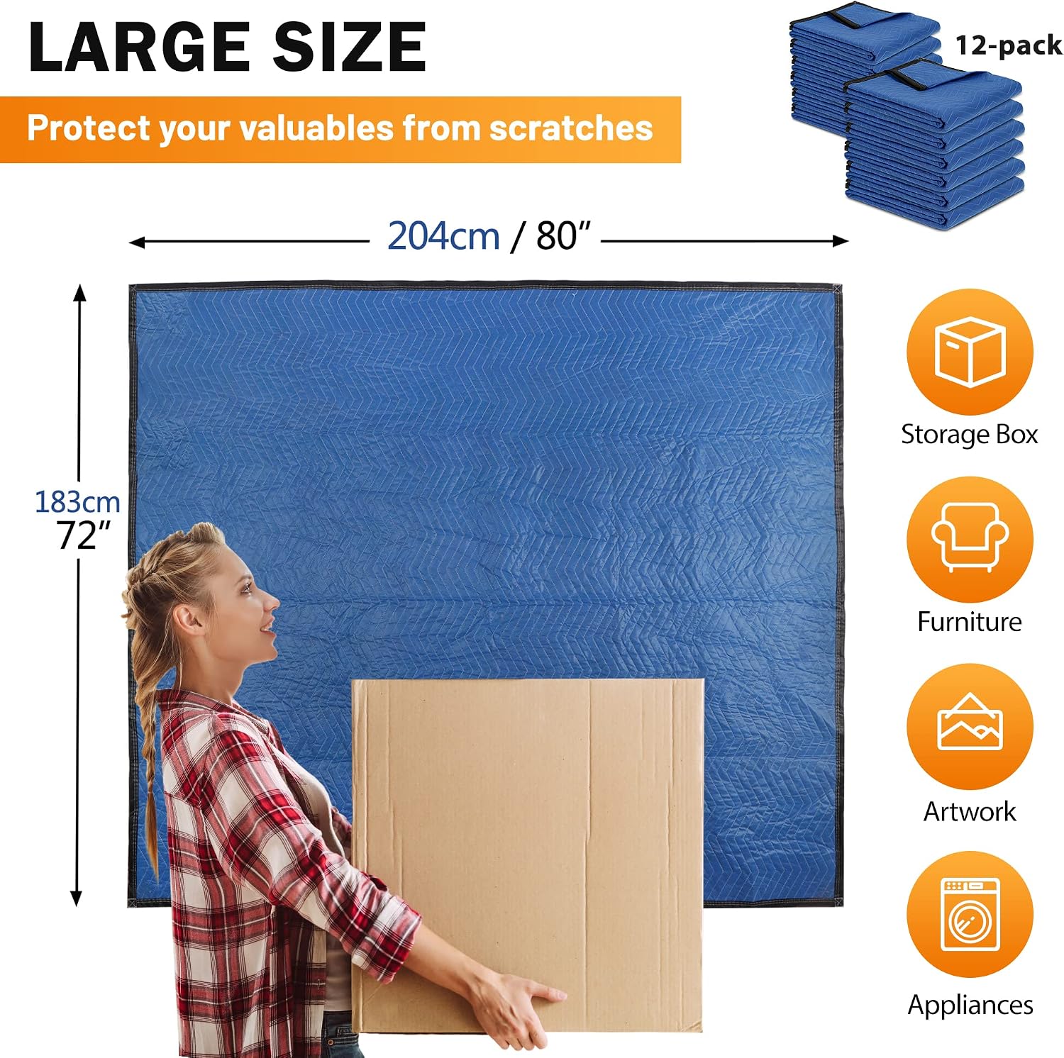 12 Moving Packing Blankets 80 x 72 Inches (35 lb/dz) Heavy Duty Moving Pads for Protecting Furniture Professional Quilted Shipping Furniture Pads （Blue 48PCS）